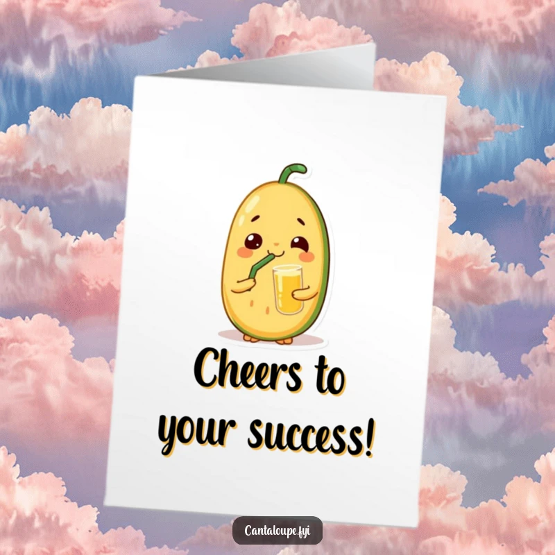 Funny Free Printable Congrats Card: a cantaloupe thoroughly enjoys a juice sip, celebrating victory with utmost satisfaction and a peaceful grin.