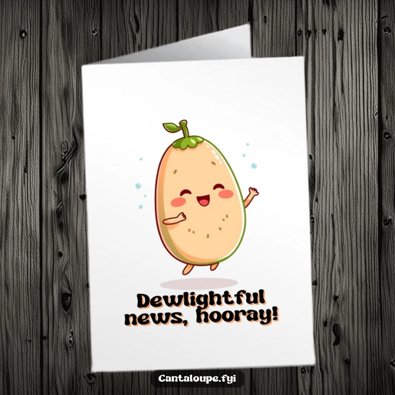 Funny Free Printable Congrats Card: A cantaloupe character gleefully doing a bouncy dance, surrounded by dewdrops.