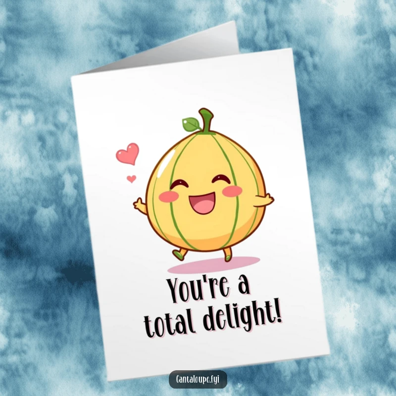 Funny Free Printable Congratulations Card: A wide-grinning cantaloupe character bouncing playfully to celebrate a sweet success.