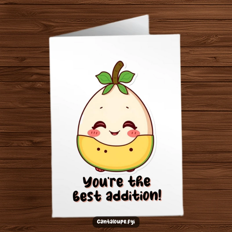 Funny free printable congratulations card showing a cantaloupe character excited to be part of a vibrant fruit salad.