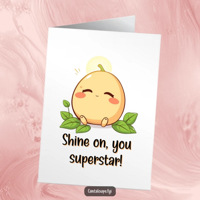 Funny Free Printable Congratulations Card showing a cantaloupe relaxing in a sunbeam with eyes closed, great for peaceful celebrations.