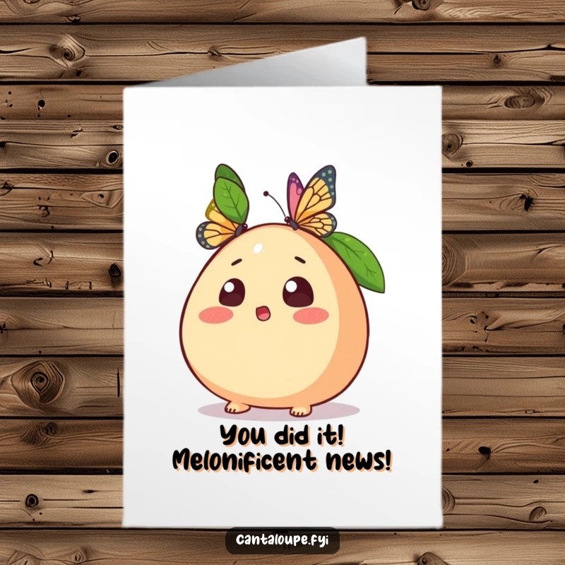 Funny Free Printable Congratulations Card showing a startled cantaloupe as a butterfly lands, ideal for celebrating big news.