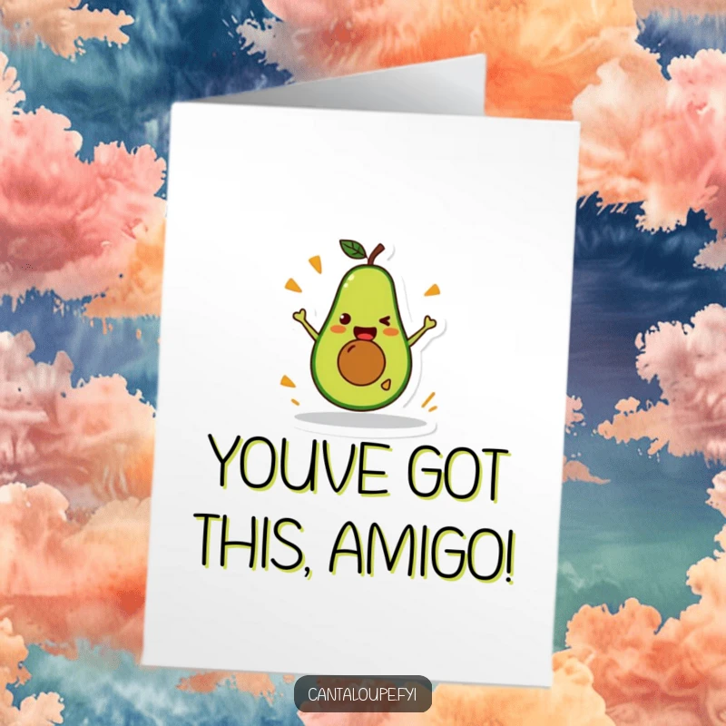 Funny Free Printable Congratulations Card: An energetic avocado performing a hilarious stunt, celebrating achievements with flair.