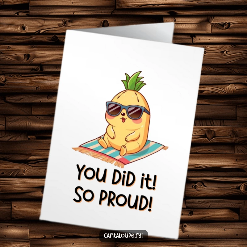 Funny Free Printable Congrats Card: Cantaloupe in sunglasses chilling on a beach towel, a perfect symbol of laid-back congratulations.