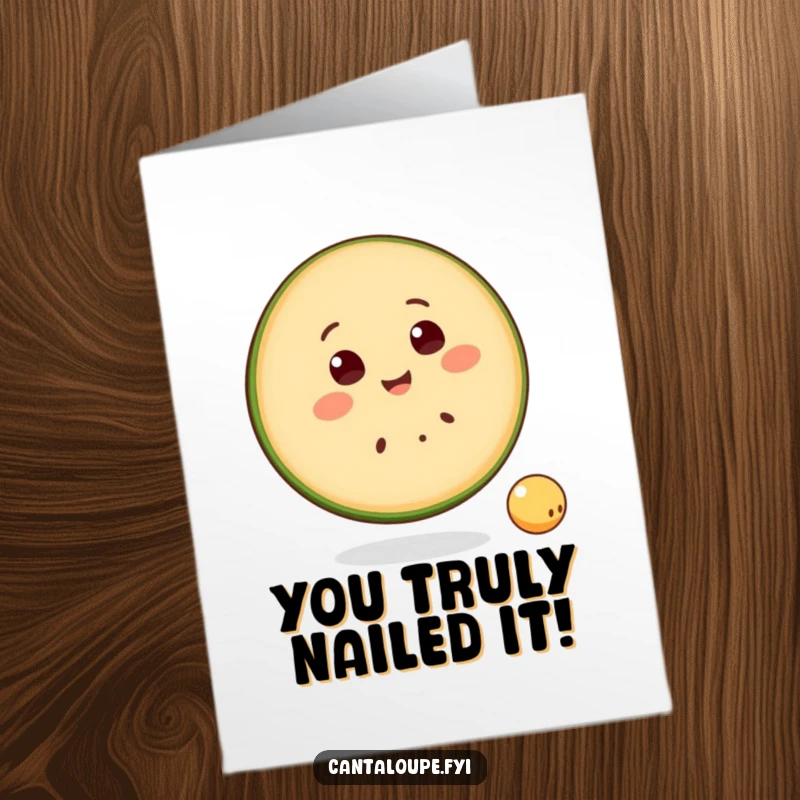 Funny Free Printable Congratulations Card: Smiling cantaloupe slice character happily bounces a small ball, celebrating achievements with zest.