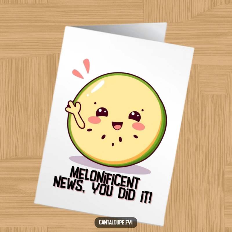 Funny Free Printable Congratulations Card: Jolly cantaloupe slice character giving a friendly, refreshing wave, celebrating a success with a smile.