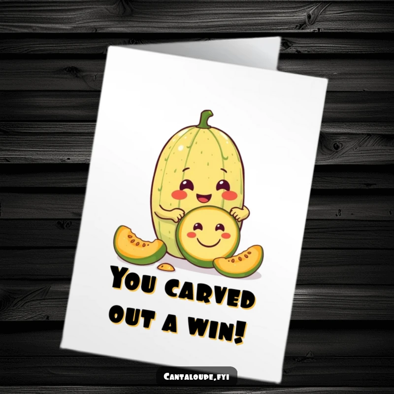 Funny Free Printable Congratulations Card: A cantaloupe creates a smiley face on a smaller melon with delight.