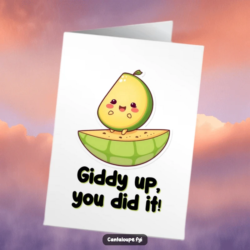 Funny Free Printable Congratulations Card: Cantaloupe slice character happily riding a giant melon rind, celebrating success with glee.
