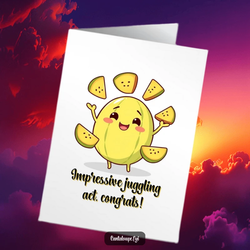 Funny Free Printable Congrats Card: a cantaloupe masterfully juggles its own slices, celebrating a monumental win with a wide, proud grin.