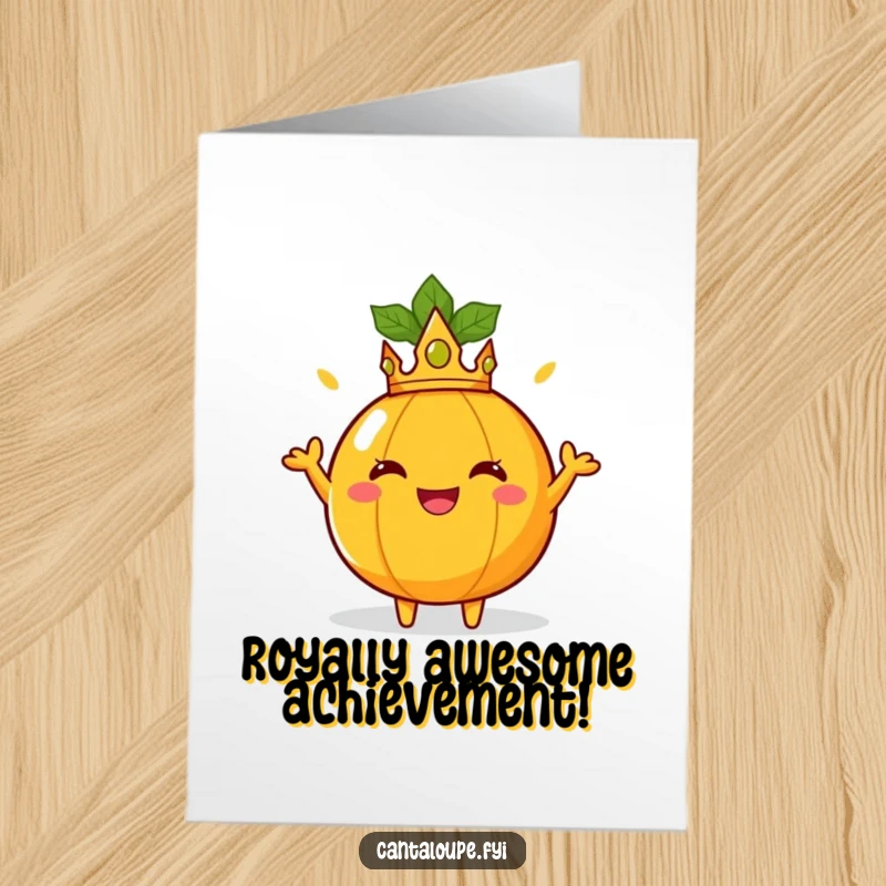 Funny Free Printable Congratulations Card: A cantaloupe character in a crown posing regally, radiating joy to celebrate a victory.