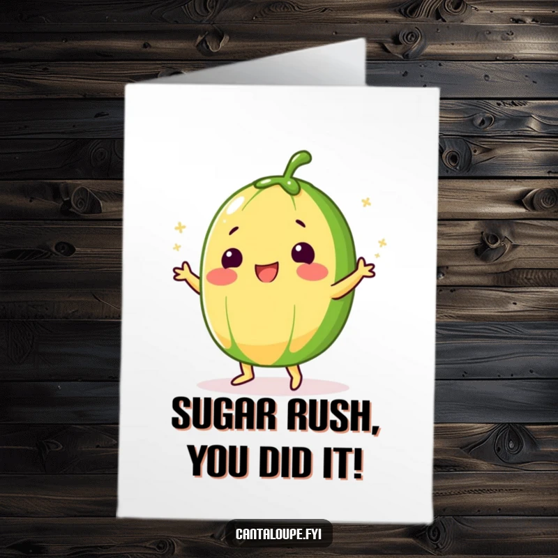 Funny Free Printable Congratulations Card: Cantaloupe Doing a Silly Dance, Sprinkled with Sugar