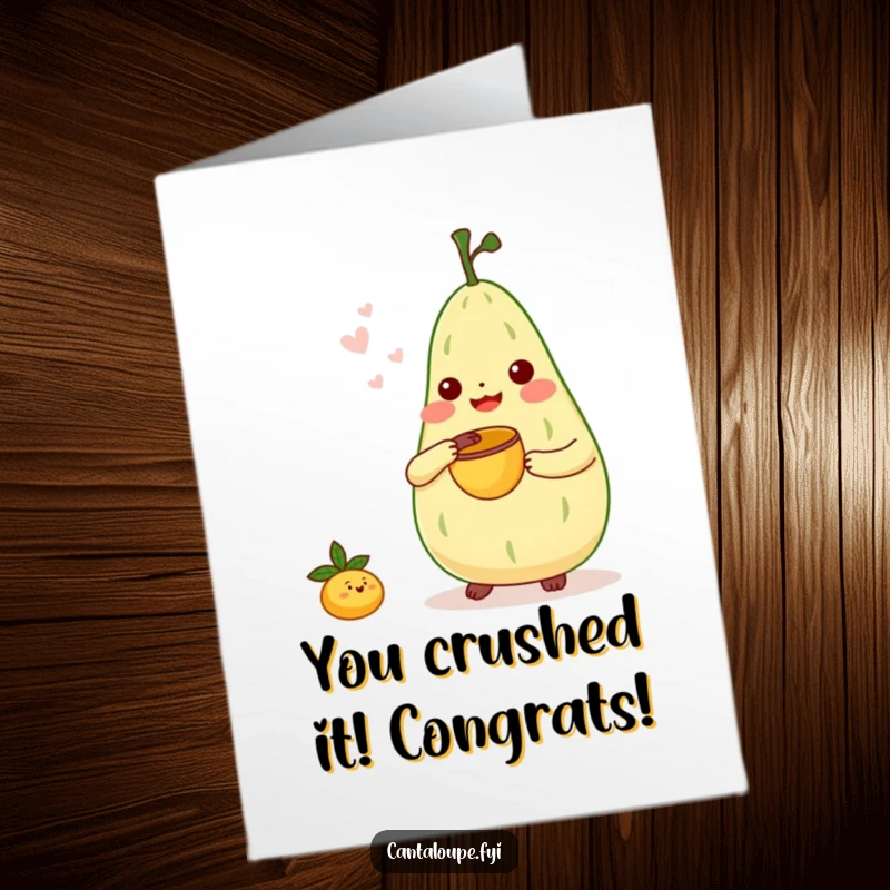 Funny Free Printable Congratulations Card: Cantaloupe character enthusiastically playing small bongos with a melon scoop.