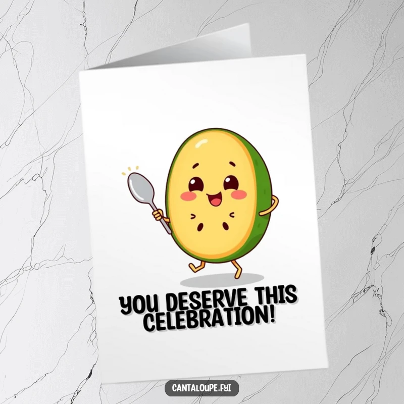 Funny Free Printable Congratulations Card: Happy Cantaloupe Slice Merrily Dancing with a Spoon, Full of Jubilation