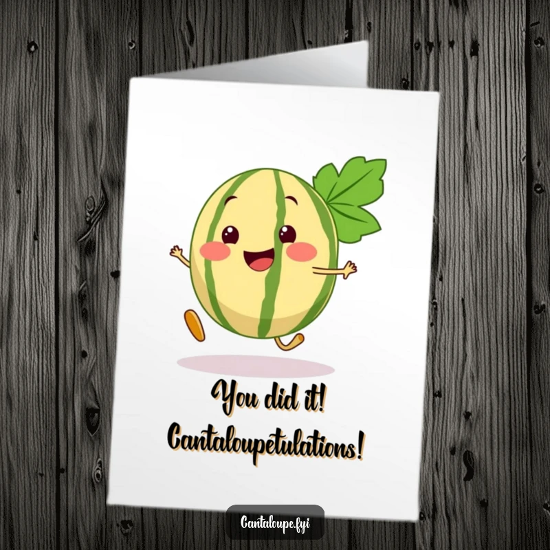Funny Free Printable Congratulations Card: A beaming cantaloupe segment takes a confident bouncy step to celebrate.