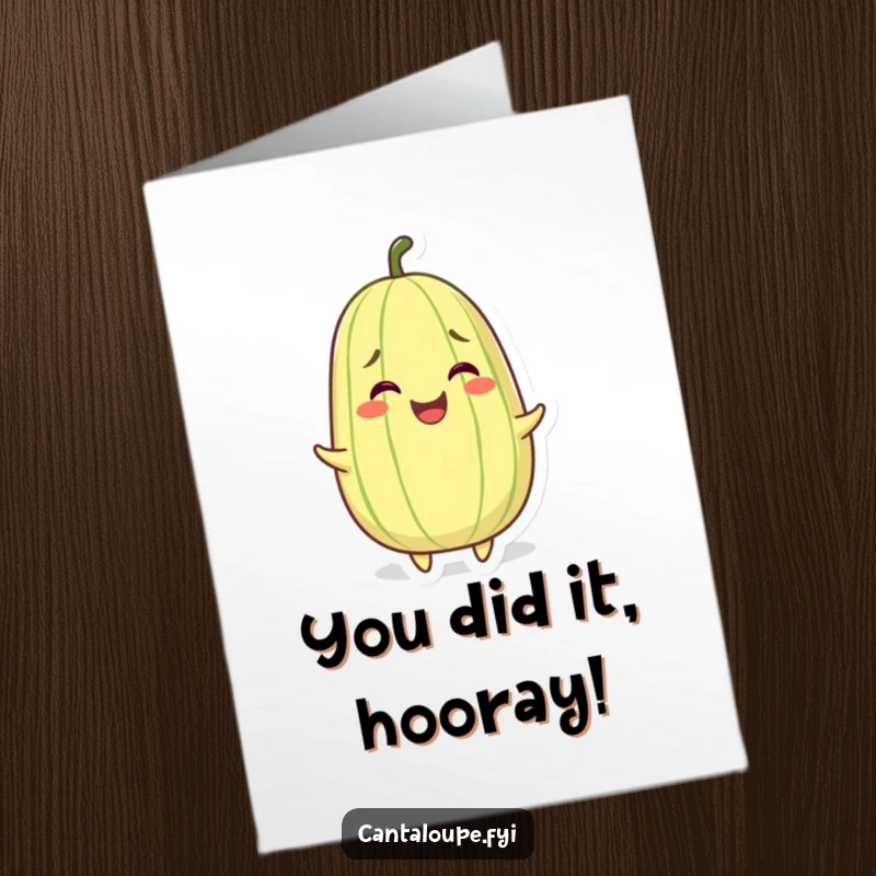 Funny Free Printable Congrats Card showing a grinning cantaloupe character wiggling with absolute joy.