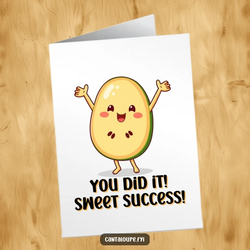 Free Printable Cantaloupe slice character doing a joyful dance with arms flair, celebrating success, a happy fruit.