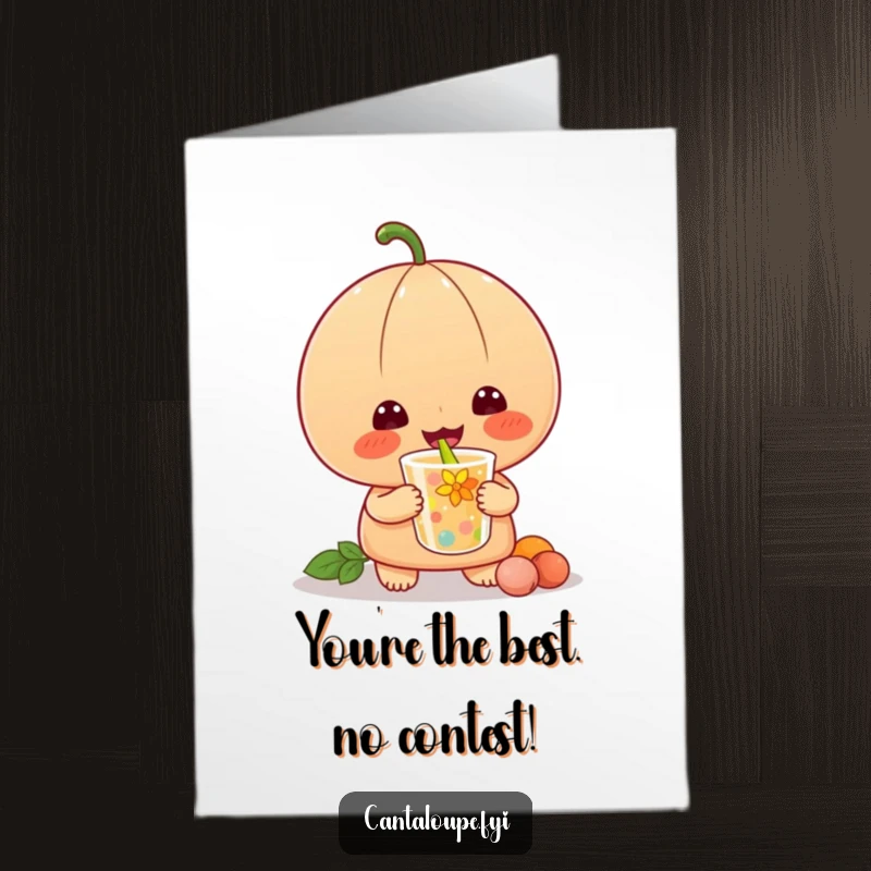 Funny Free Printable Congratulations Card showing a cantaloupe joyfully slurping a vibrant drink, great for celebrating achievements.