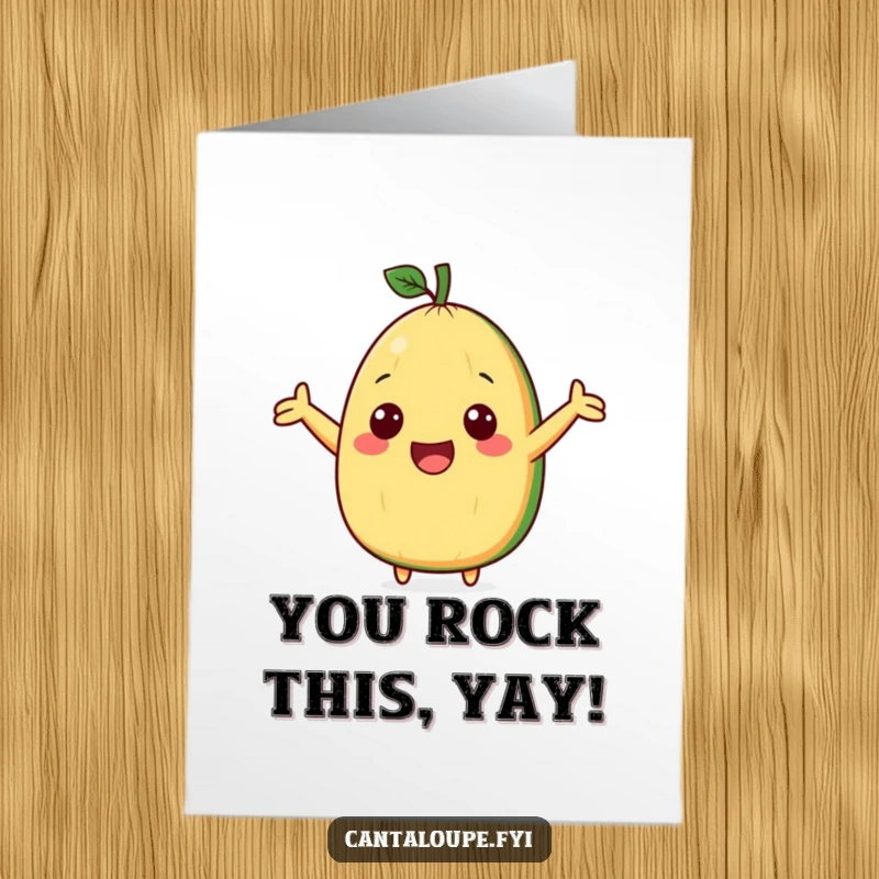 Funny Free Printable Congrats Card showing a cute cantaloupe wedge character cheering wildly with arms outstretched.