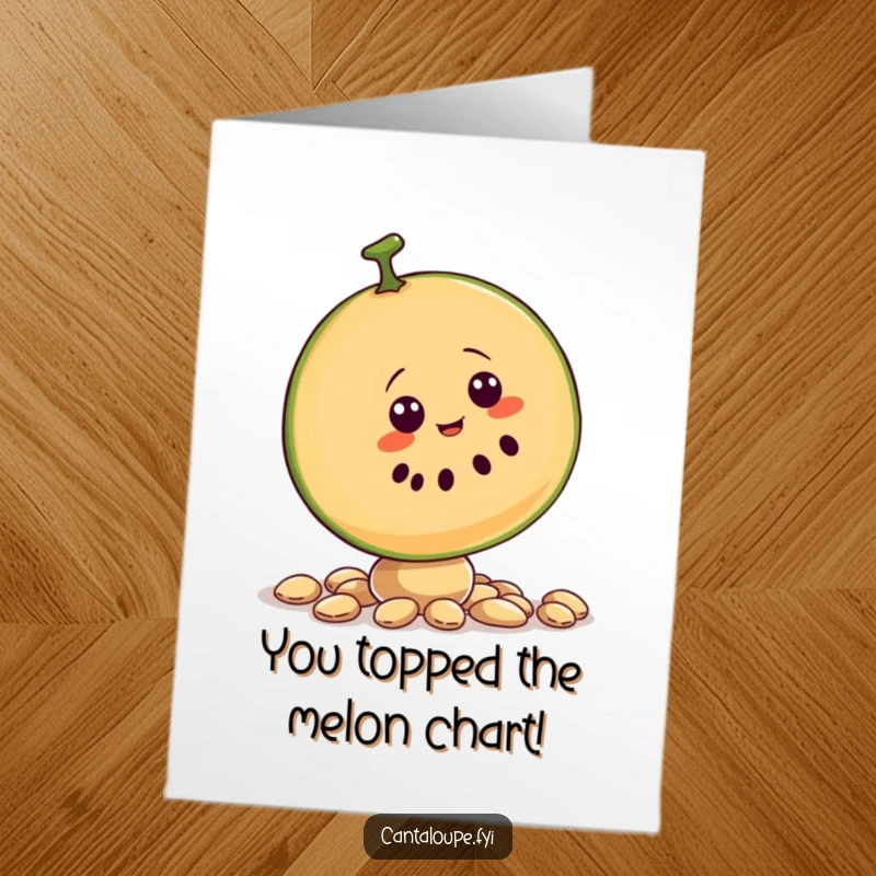 Funny Free Printable Congratulations Card: Wobbly cantaloupe slice character triumphantly balancing on seeds, a humorous take on achievement.