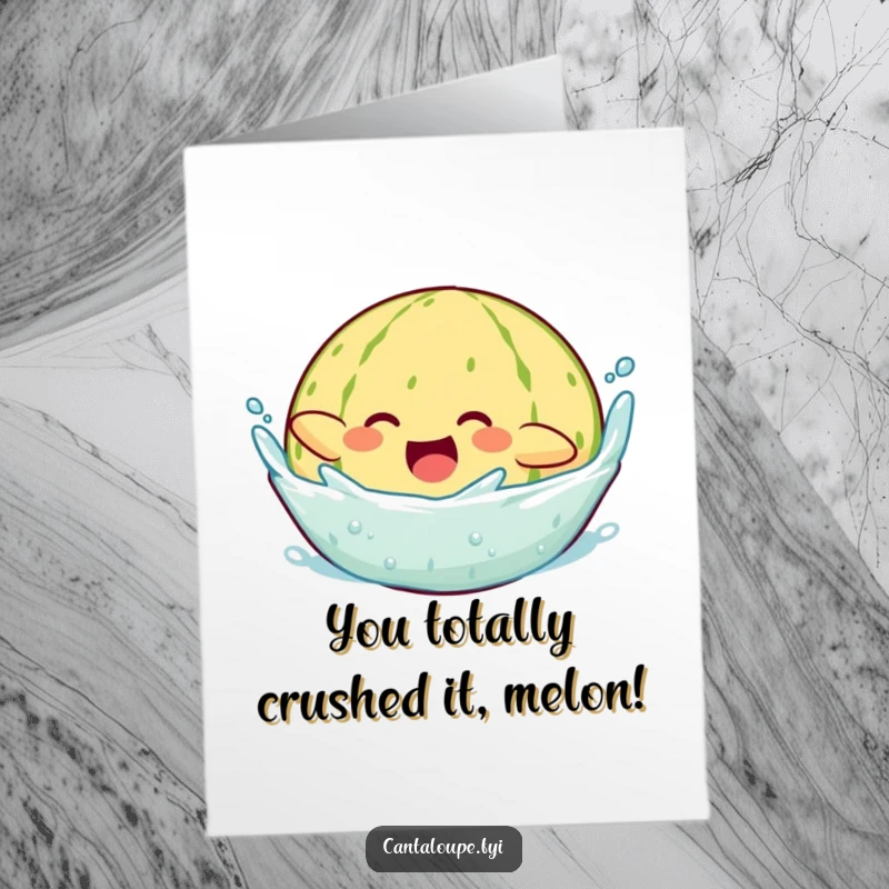 Funny Free Printable Congratulations Card: A cantaloupe character dives into water, creating a happy splash.