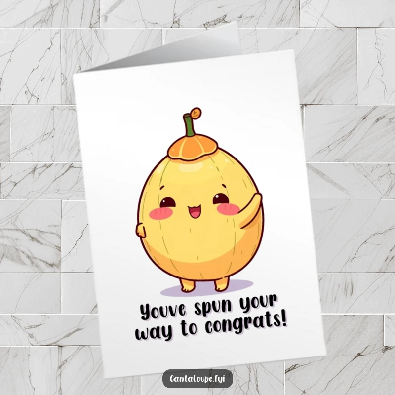 Funny Free Printable Congratulations Card: anthropomorphic cantaloupe character joyfully spinning a vibrant toy top.