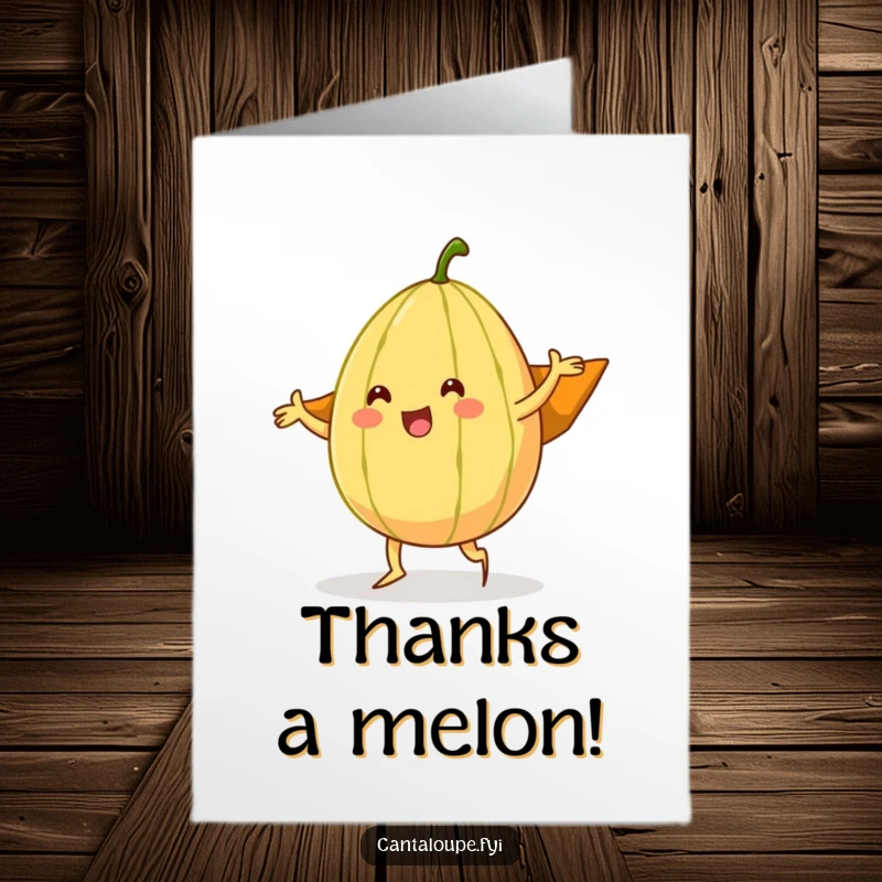Funny free printable thank you card showing a cantaloupe character performing a silly dance with its rind cape.