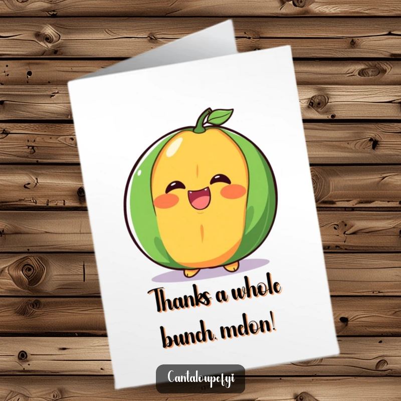 Funny Free Printable Cantaloupe Thank You Card: A laughing cantaloupe half expressing thanks in a joyful, downloadable art style.