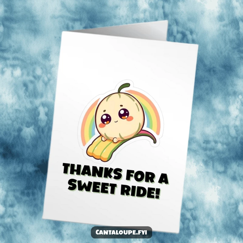 Funny Free Printable Thank You Card: A cheerful cantaloupe slides down a rainbow, saying thanks.