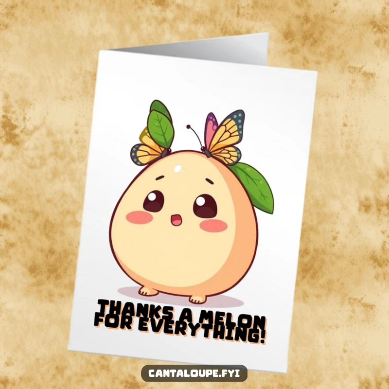 Funny Free Printable Thank You Card featuring a cantaloupe caught off guard by a butterfly, perfect for showing thanks.