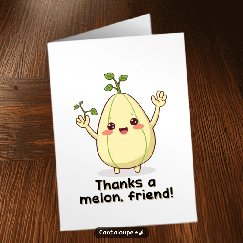Funny Free Printable Thank You Card: Cheerful cantaloupe character with vine arms, happily waving as a thank you gesture.