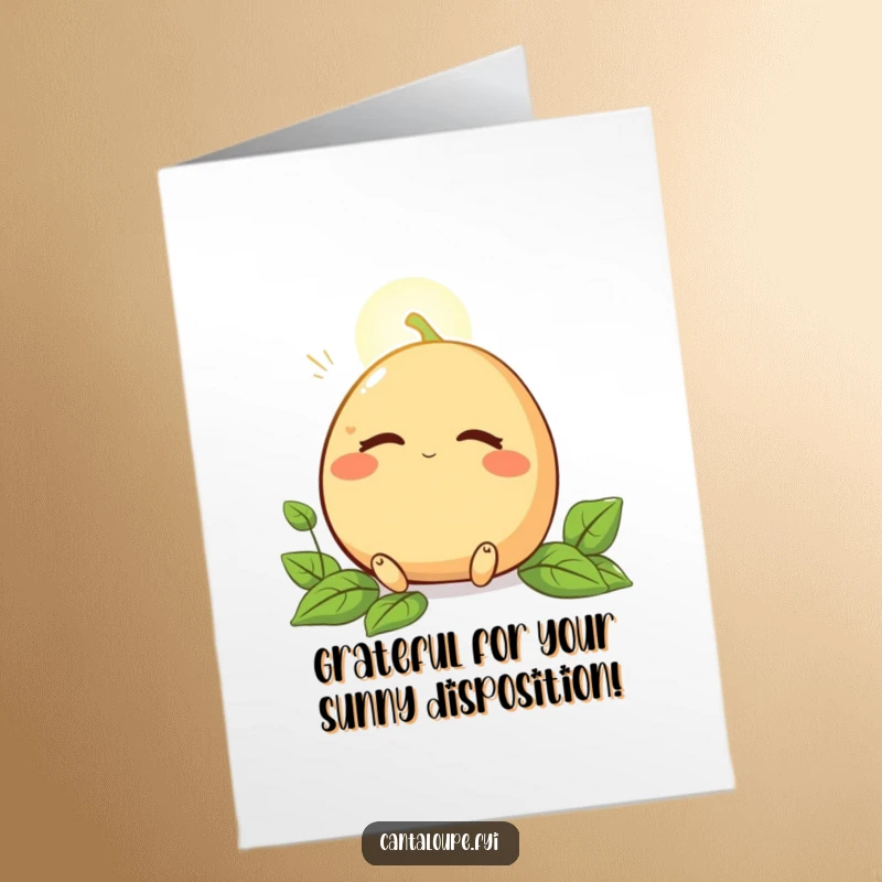 Funny Free Printable Thank You Card of a cantaloupe soaking up sunbeams with eyes shut, ideal for thanks.