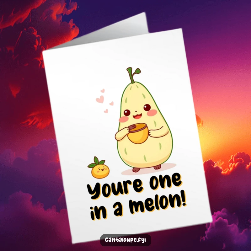 Funny Free Printable Thank You Card: Cantaloupe character playing tiny bongos with a melon scoop, full of rhythm.