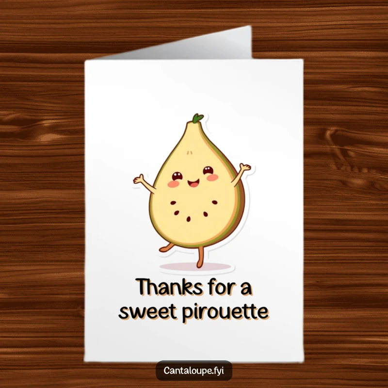 Funny Free Printable Thank You Card with a smiling cantaloupe slice character doing a cheerful pirouette.