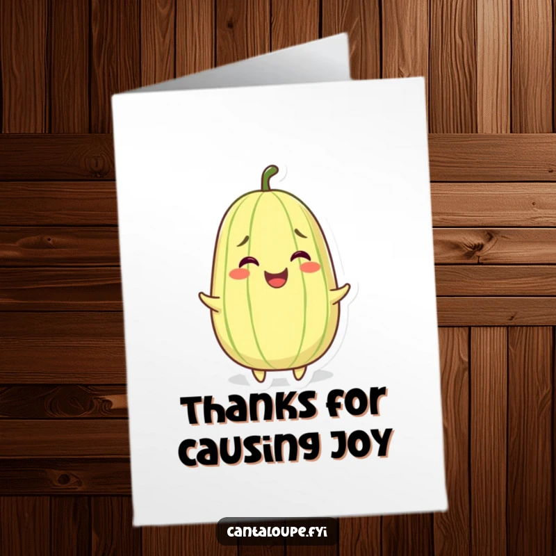 Funny Free Printable Thank You Card with a grinning whole cantaloupe character wiggling with joy.