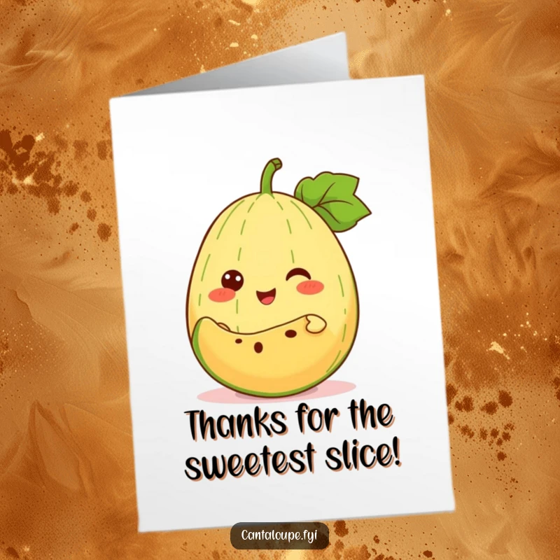 Funny Free Printable Thank You Card: anthropomorphic cantaloupe cheerfully offers a slice of itself, conveying sweet and sincere thanks.