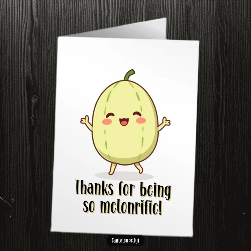 Funny Free Printable Thank You Card: A cantaloupe character is busting a move with pure delight.
