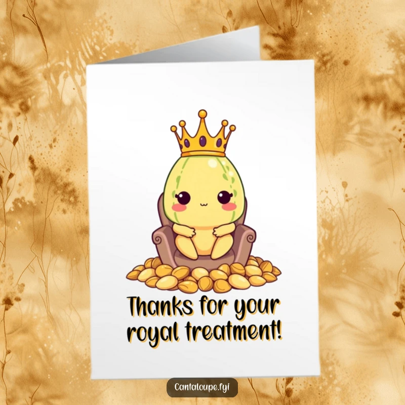 Funny Free Printable Thank You Card: a crowned cantaloupe surveys its seed throne, offering a regal thank you with a hint of humor.
