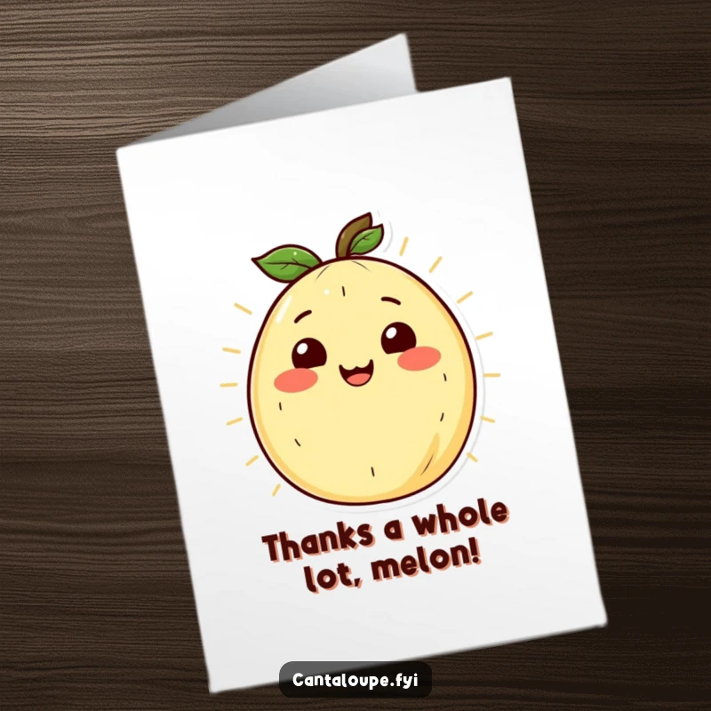 Funny Free Printable Thank You Card of a cantaloupe character radiating warmth with a radiant smile.