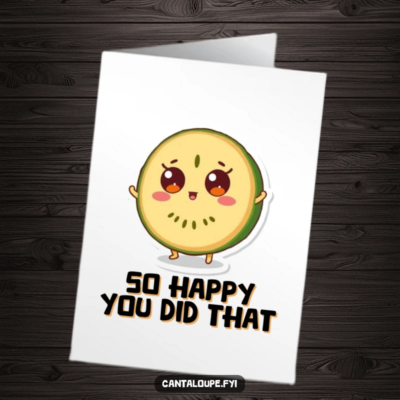Funny Free Printable Thank You Card: Cantaloupe slice character doing a surprised bounce with wide eyes, showing gratitude.