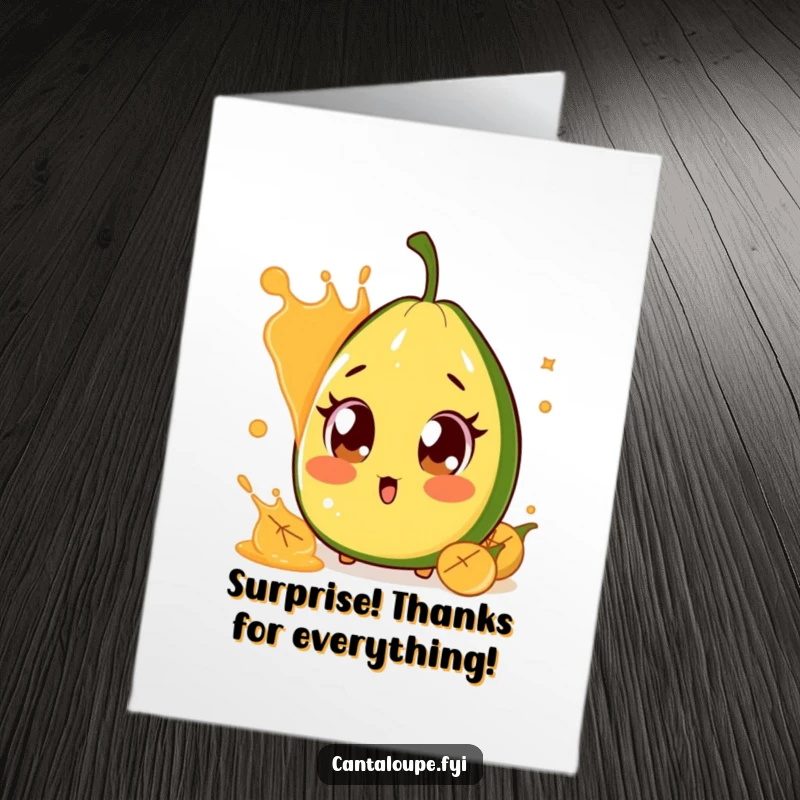Funny Free Printable Thank You Card of a cantaloupe character with wide eyes, reacting to a sudden splash of juice.