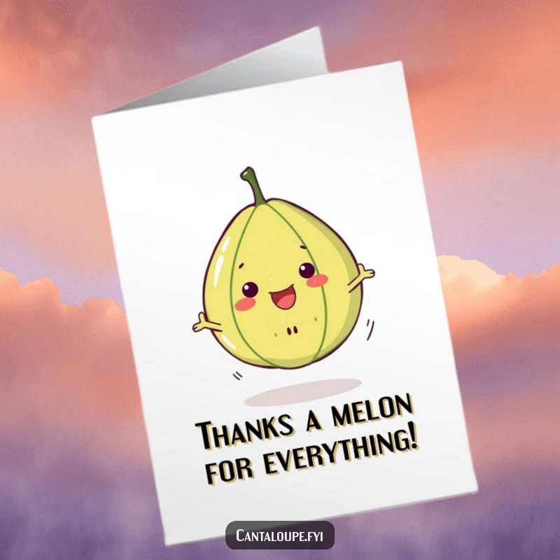 Funny Free Printable Thank You Card with a delighted cantaloupe slice character performing a joyful spin.