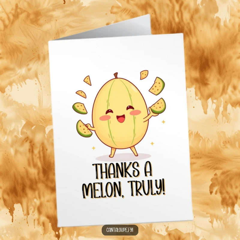Funny Free Printable Thank You Card: A cantaloupe character skillfully juggling melon pieces with joy.