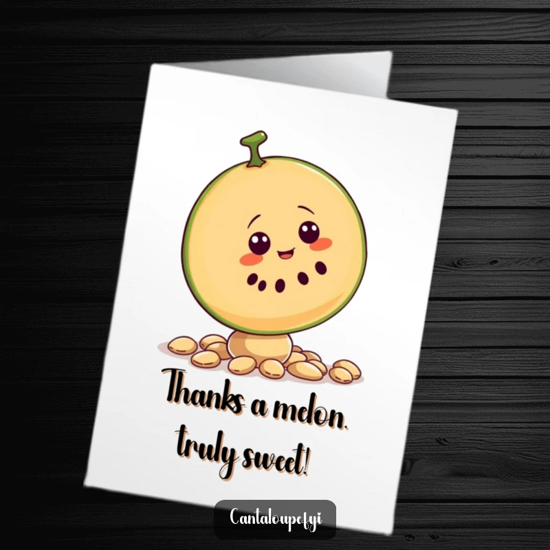 Funny Free Printable Thank You Card: Wobbly cantaloupe slice character tipping over with gratitude, seeds scattering, a comical thank you.