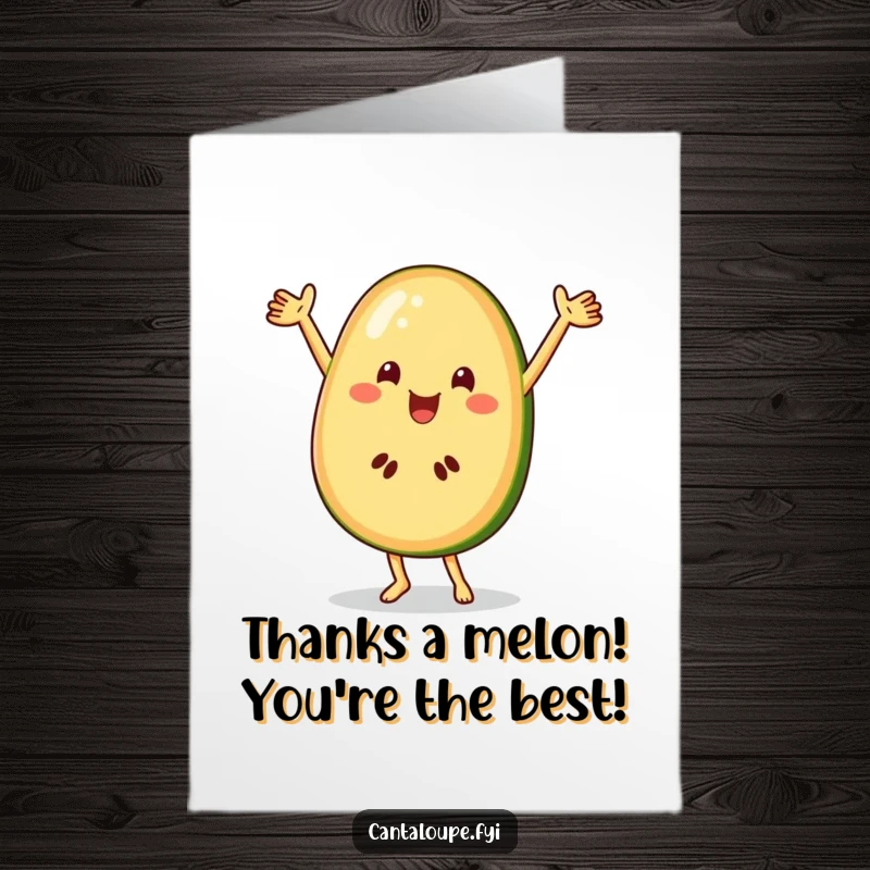 Funny Free Printable Cantaloupe slice character dancing joyfully with arms spread wide, a cheerful thank you message.