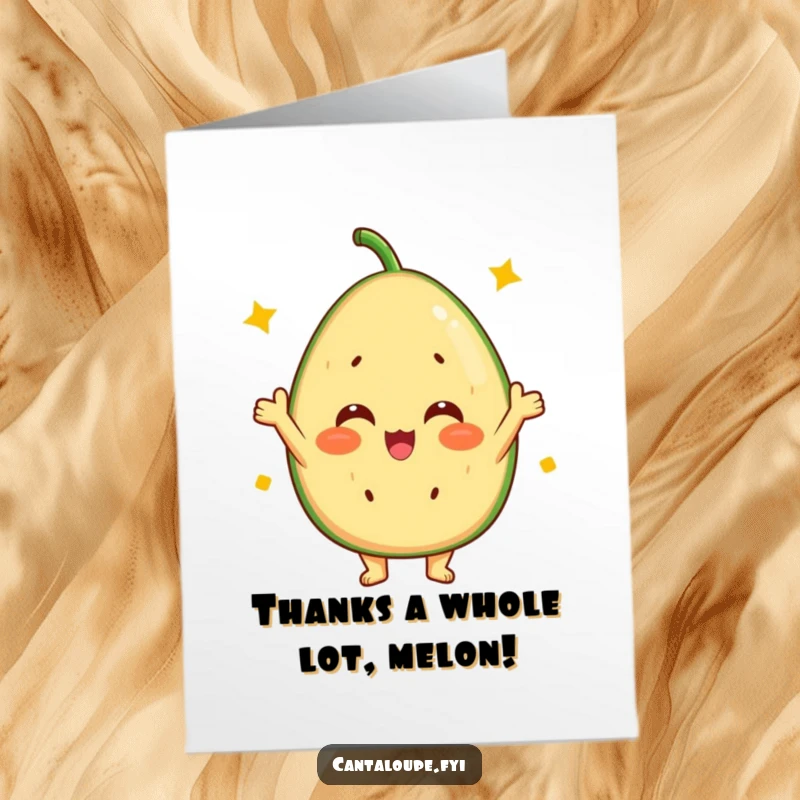 Funny Free Printable Thank You Card featuring a sunny cantaloupe character with a vibrant, cheerful disposition.