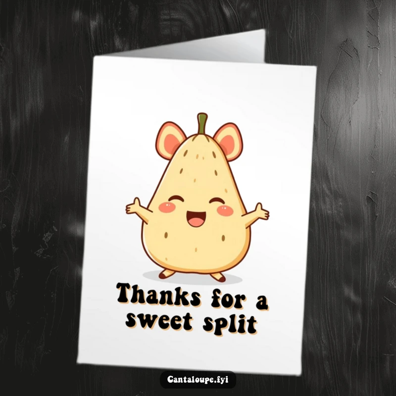 Funny Free Printable Thank You Card with an anthropomorphic cantaloupe character doing a joyful split.