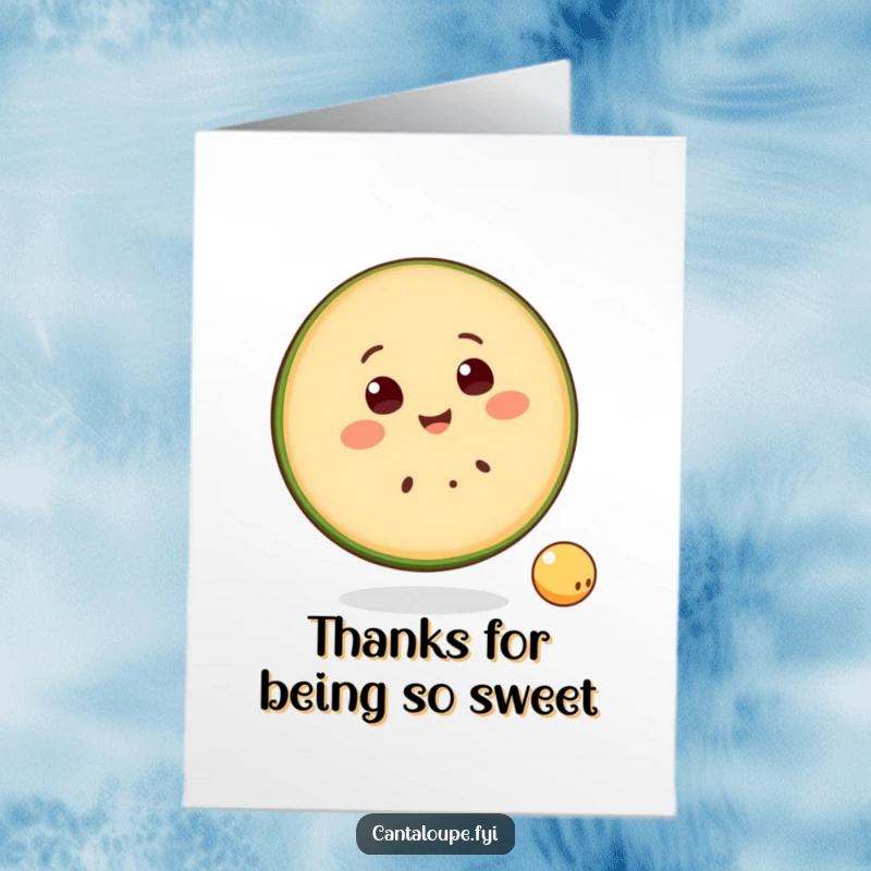 Funny Free Printable Thank You Card: Smiling cantaloupe slice character happily bounces a small ball, conveying thanks playfully.