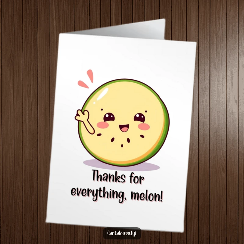 Funny Free Printable Thank You Card: Jolly cantaloupe slice character waving enthusiastically with a refreshing glint, expressing sweet thanks.