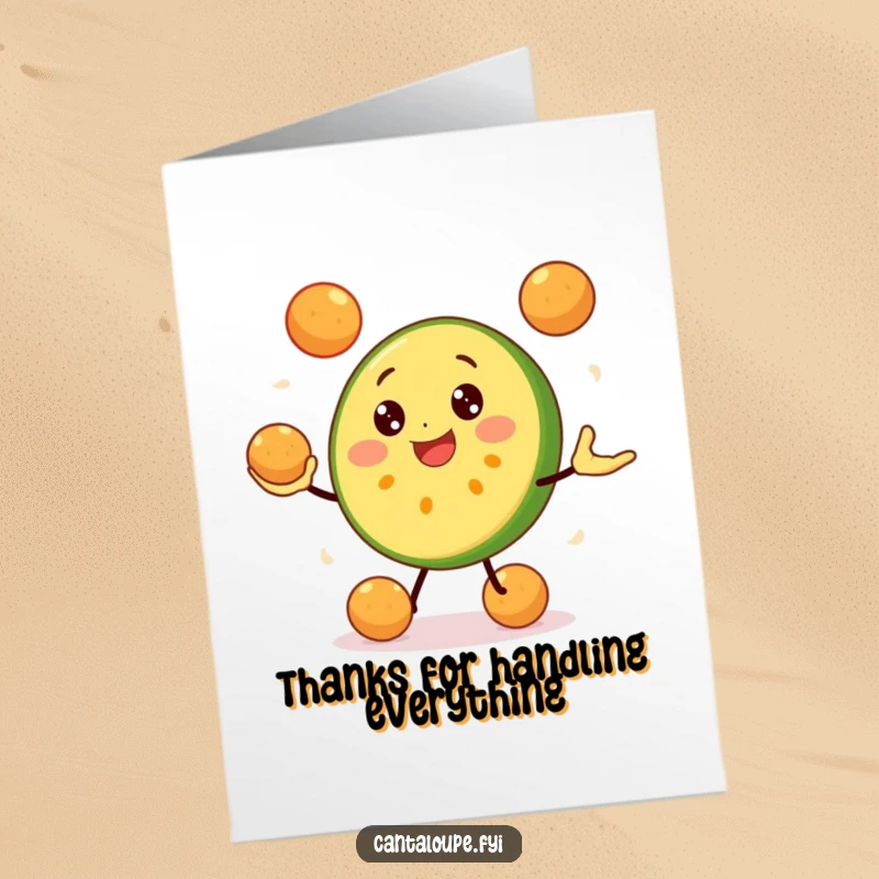 Funny Free Printable Thank You Card: Whimsical Cantaloupe Slice Juggling Multiple Melon Balls with a Happy Expression