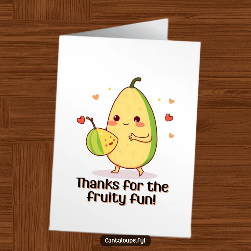 Funny Free Printable Thank You Card: anthropomorphic cantaloupe character engaged in a merry waltz with another fruit, conveying fun appreciation.